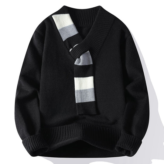 Herren V-Ausschnitt Strickpullover mit integriertem Kontraststreifen-Schal und gerippten Bündchen Shop Nory