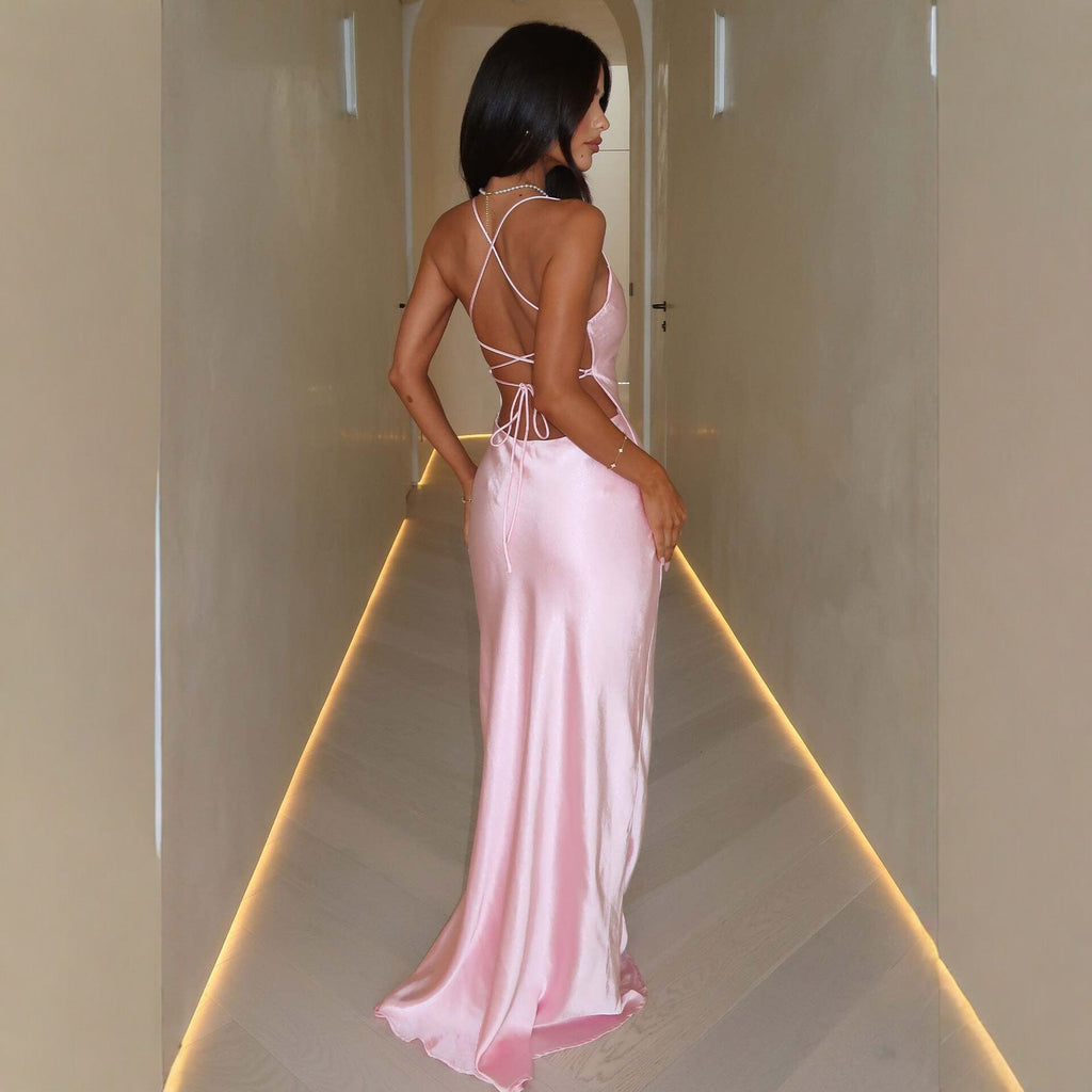 Damen Elegantes Satinabendkleid mit spaghettiträgern und fließendem Schnitt