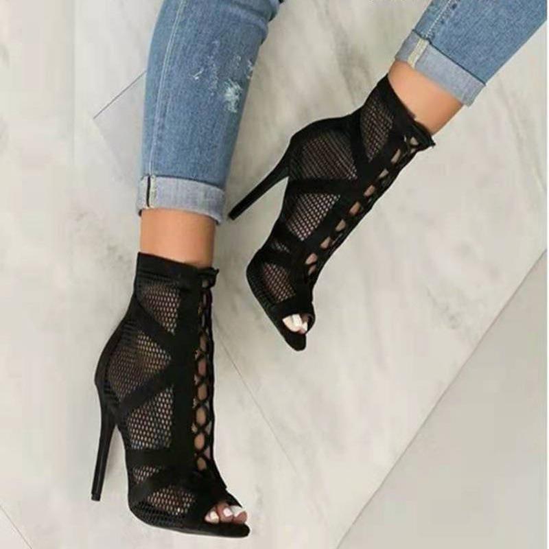 Damen Peeptoe Ankle Boots mit hochmodernem Netzdesign und elegantem Blockabsatz