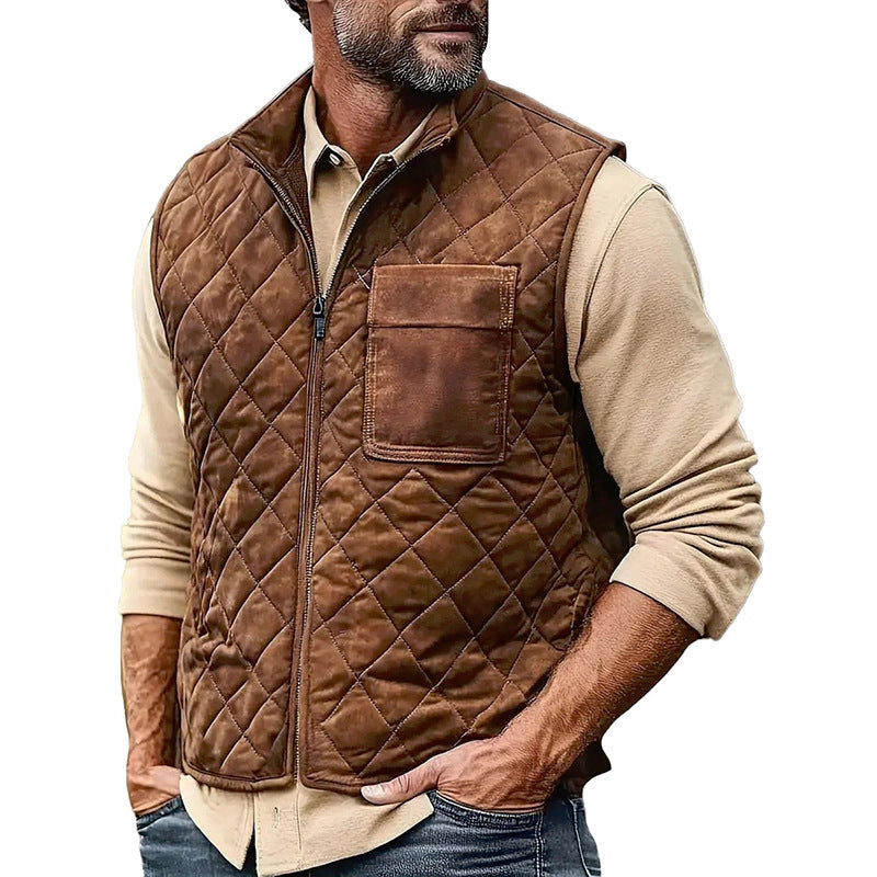 Herren gesteppte Wildlederoptik Weste mit Stehkragen und aufgesetzter Brusttasche Shop Nory