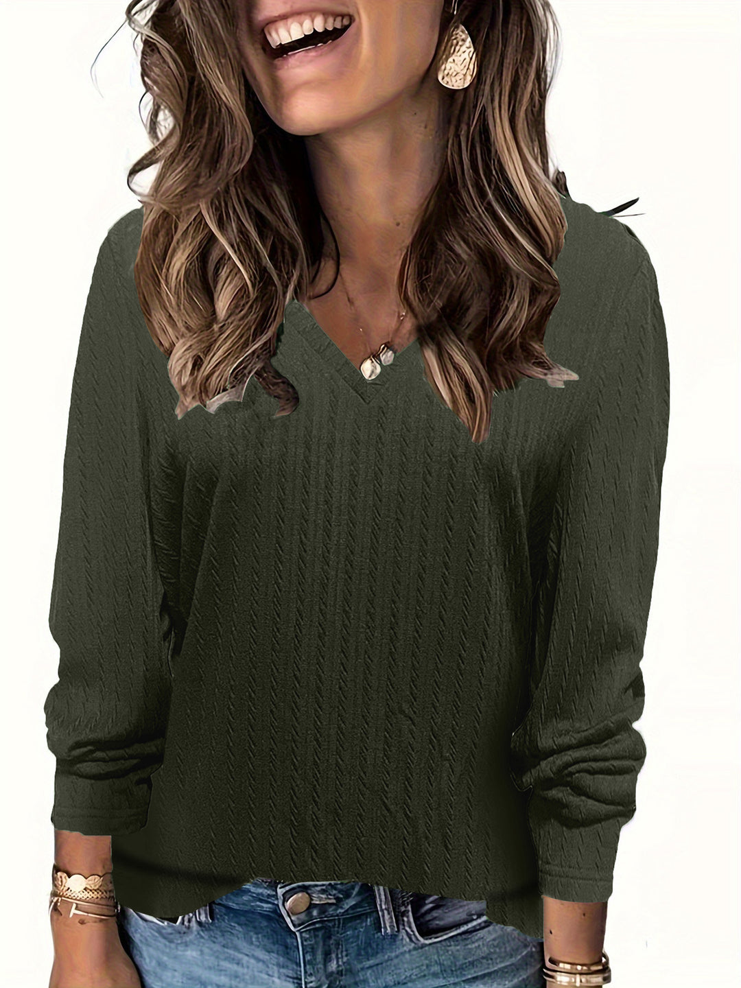 Damen Feinstrick-Langarmshirt mit V‑Ausschnitt und Zopfmuster Shop Nory