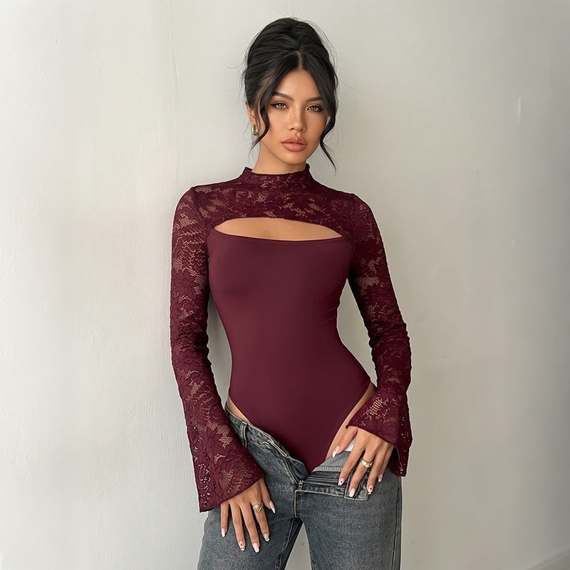 Damen Elegantes Spitzenoberteil mit Y-Ausschnitt und Volantärmeln Shop Nory