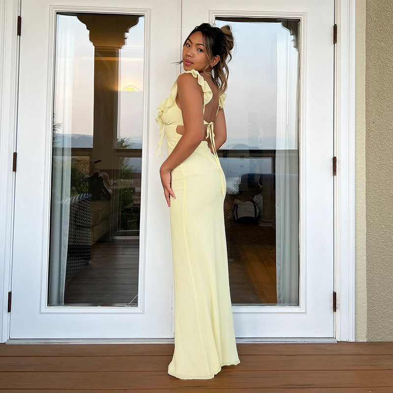 Damen figurbetontes Maxikleid mit Rüschendetails und V-Ausschnitt