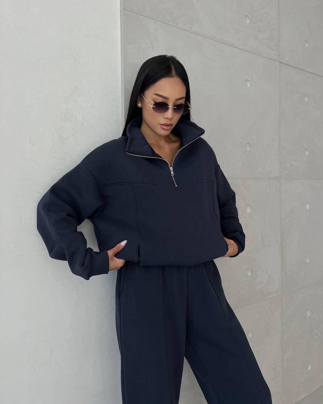 Damen Weiches Oversized Lounge-Set mit Troyer-Kragen, Eingrifftaschen und schmeichelhafter High-Waist Hose Shop Nory
