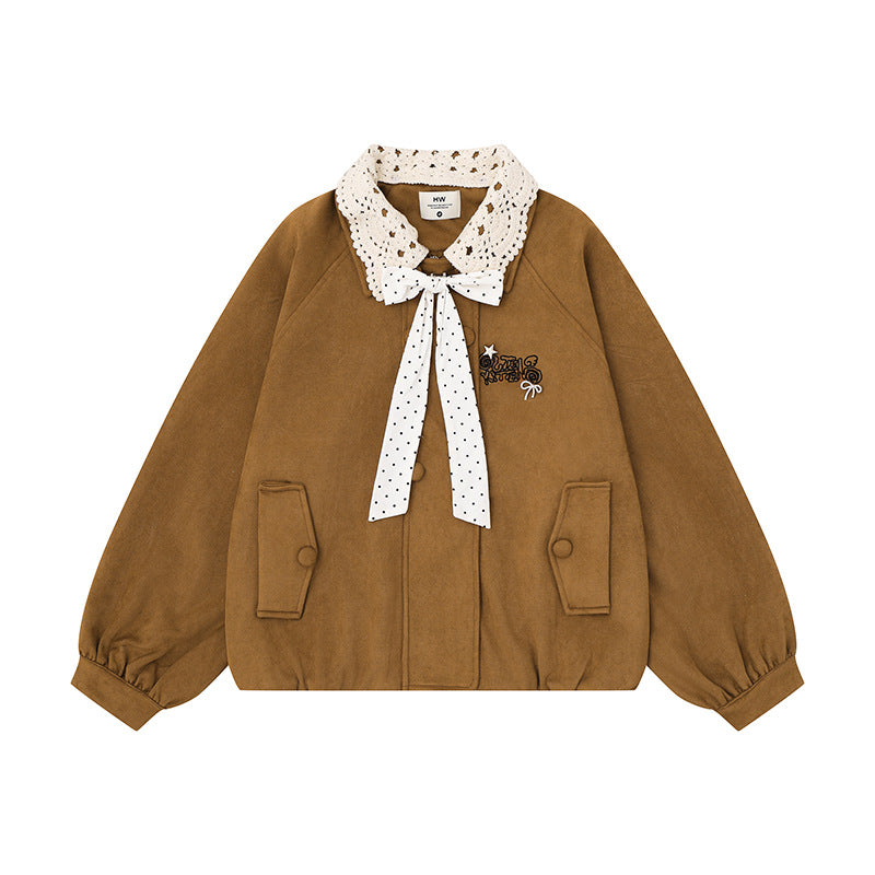Damen Kurze Bomberjacke mit Häkelkragen und Schleifenband Shop Nory