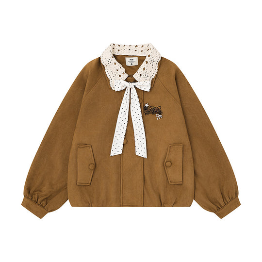 Damen Kurze Bomberjacke mit Häkelkragen und Schleifenband Shop Nory