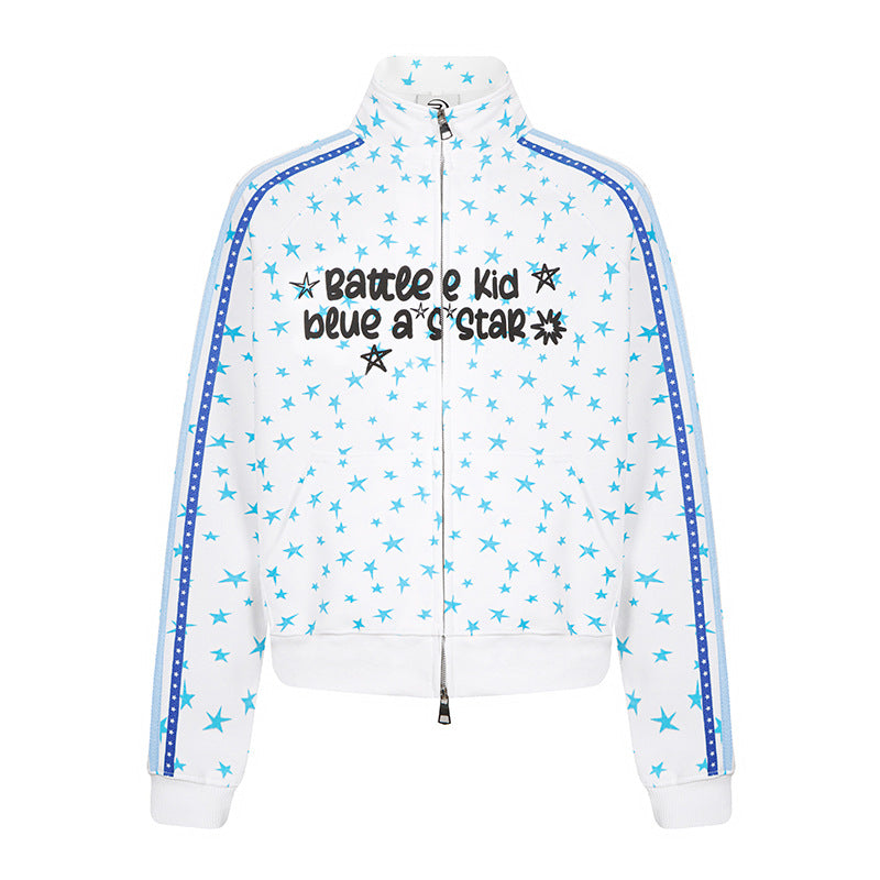Damen Sweatjacke im Retro-Trackstil mit Stehkragen, Sternen-Print und Kontraststreifen Shop Nory