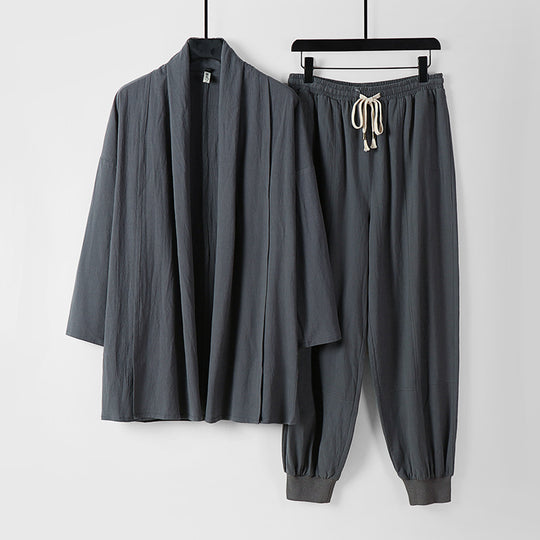 Unisex Luftiges Freizeit-Set im Kimono-Stil mit Schalkragenjacke und konisch zulaufender Joggerhose Shop Nory