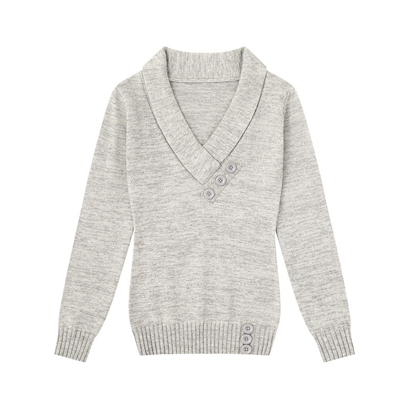 Damen Feinstrick-Pullover mit Schalkragen, V-Ausschnitt und Zierknöpfen Shop Nory