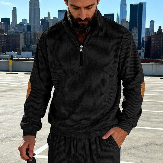 Herren Cord-Struktur-Halbzip-Pullover im Relaxed-Fit mit Stehkragen und Ellbogen-Patch Shop Nory