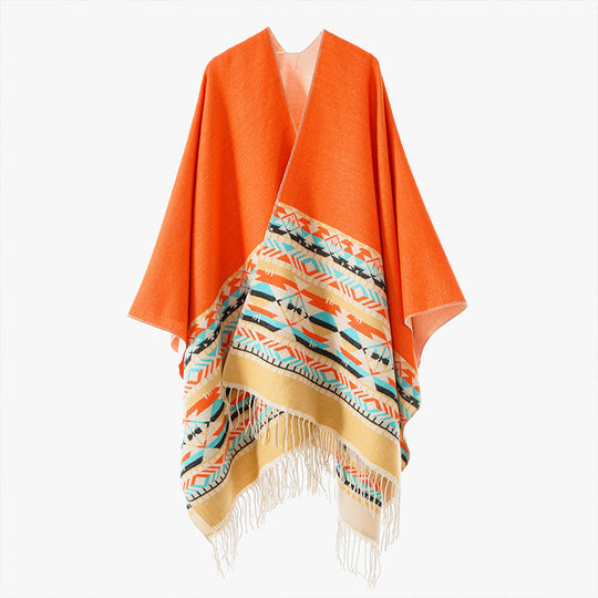 Damen V-Kragen-Überwurfponcho im Kimono-Fall mit Ethno-Bordüre und Fransensaum Shop Nory