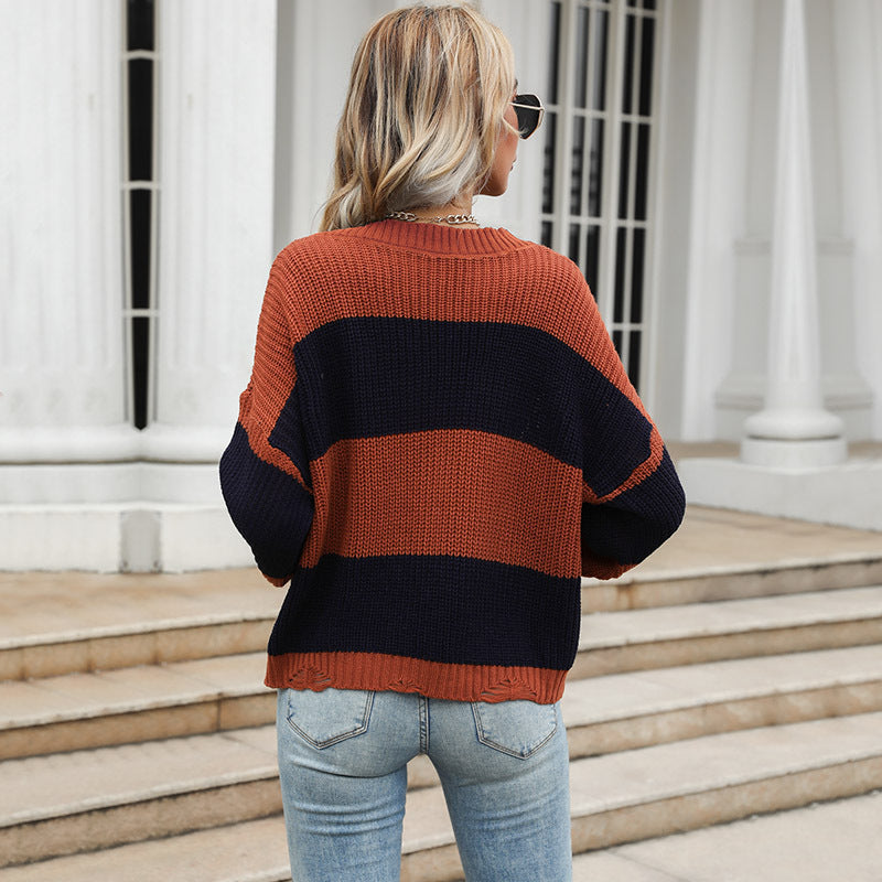 Damen Oversize-Chunky-Strickpullover mit schulterfreiem Fall, breiten Blockstreifen und geripptem Saum Shop Nory
