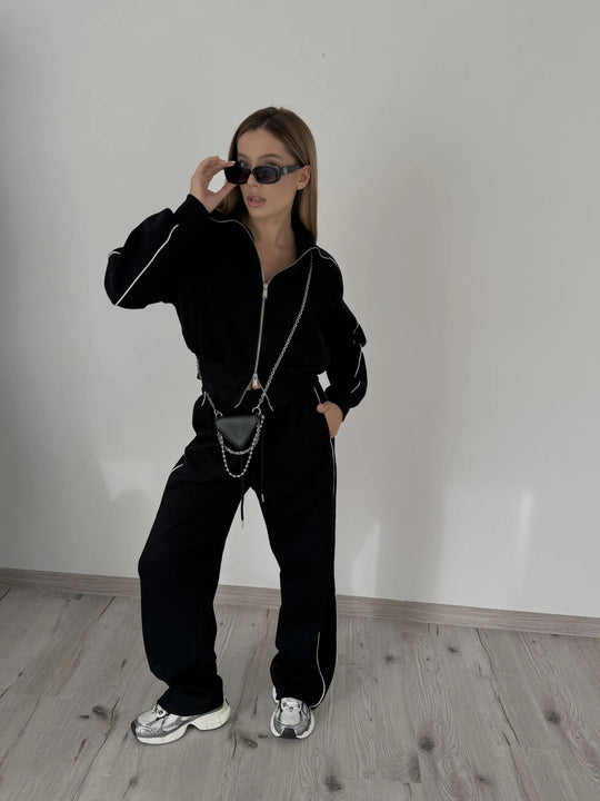 Damen Weiches Baumwoll-Mix Jogging-Set mit Stehkragen, Tunnelzugtaillen und seitlichen Kontraststreifen Shop Nory