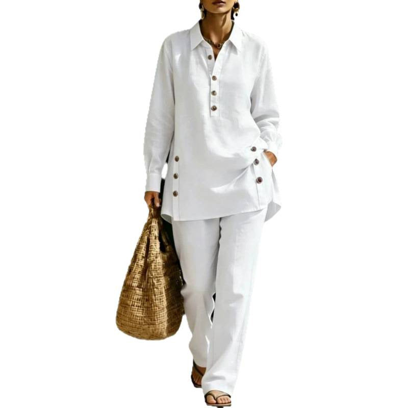 Damen Leichtes Oversize-Hemd-Tunika mit Zierknöpfen und Gerader Bundhose Shop Nory