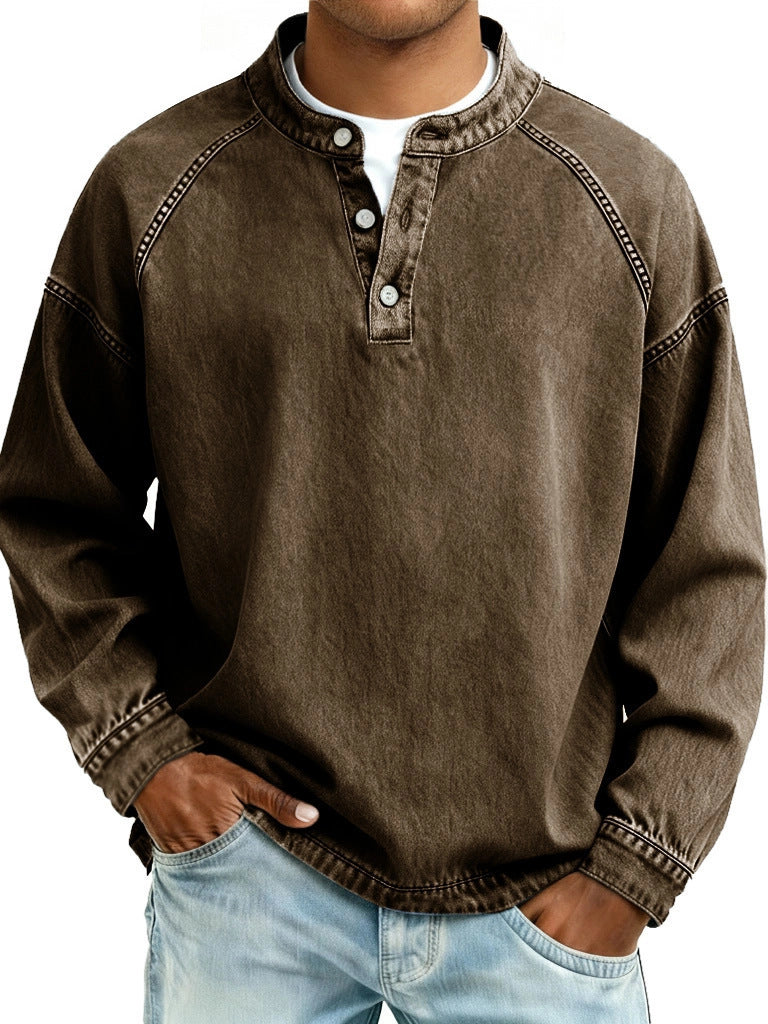 Herren nan verwaschenes Henley-Shirt mit Stehkragen, lockerer Passform und Knopfleiste Shop Nory