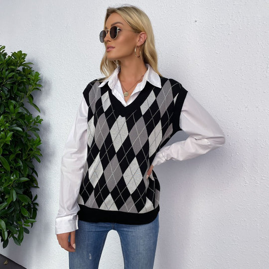 Damen Argyle-Strickweste mit V-Ausschnitt und lässiger Oversize-Passform Shop Nory