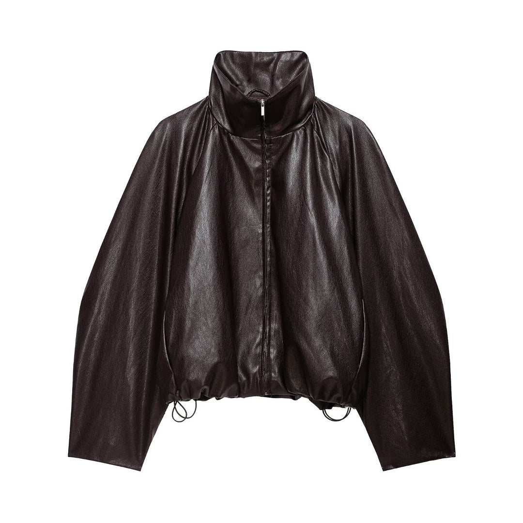 Damen Oversize Jacke im Lederlook mit hohem Funnelkragen, Raglanärmeln und Tunnelzugsaum Shop Nory