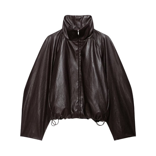 Damen Oversize Jacke im Lederlook mit hohem Funnelkragen, Raglanärmeln und Tunnelzugsaum Shop Nory