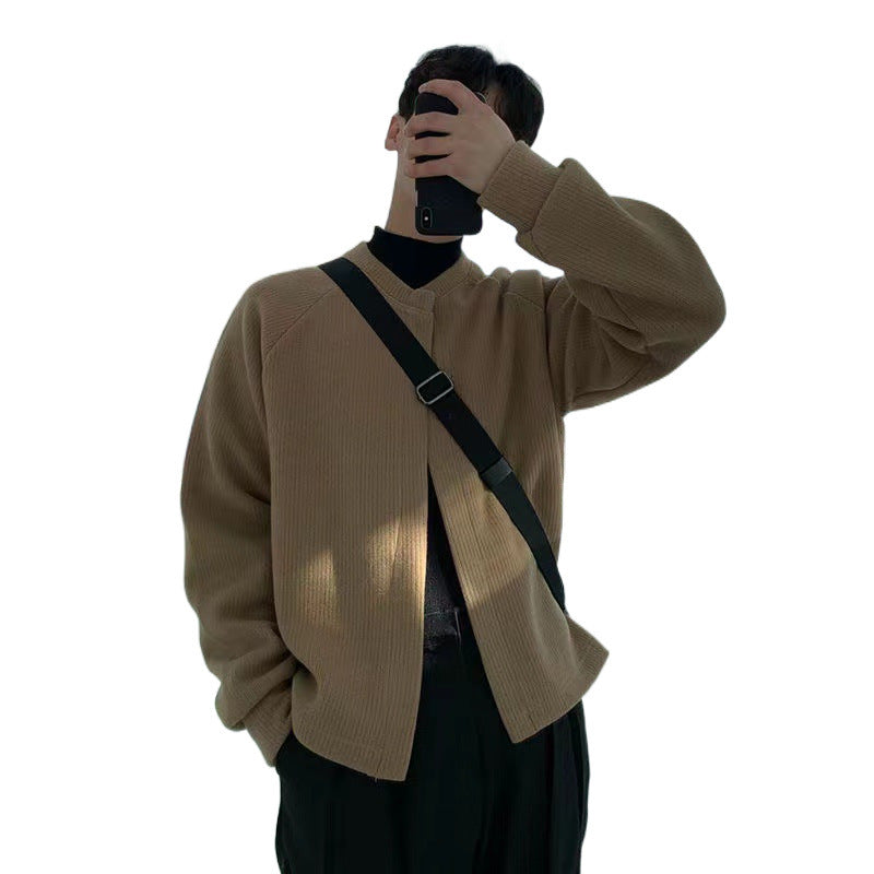 Herren Kragenloser Boxy-Rippenstrick-Cardigan mit verdeckter Druckknopfleiste Shop Nory