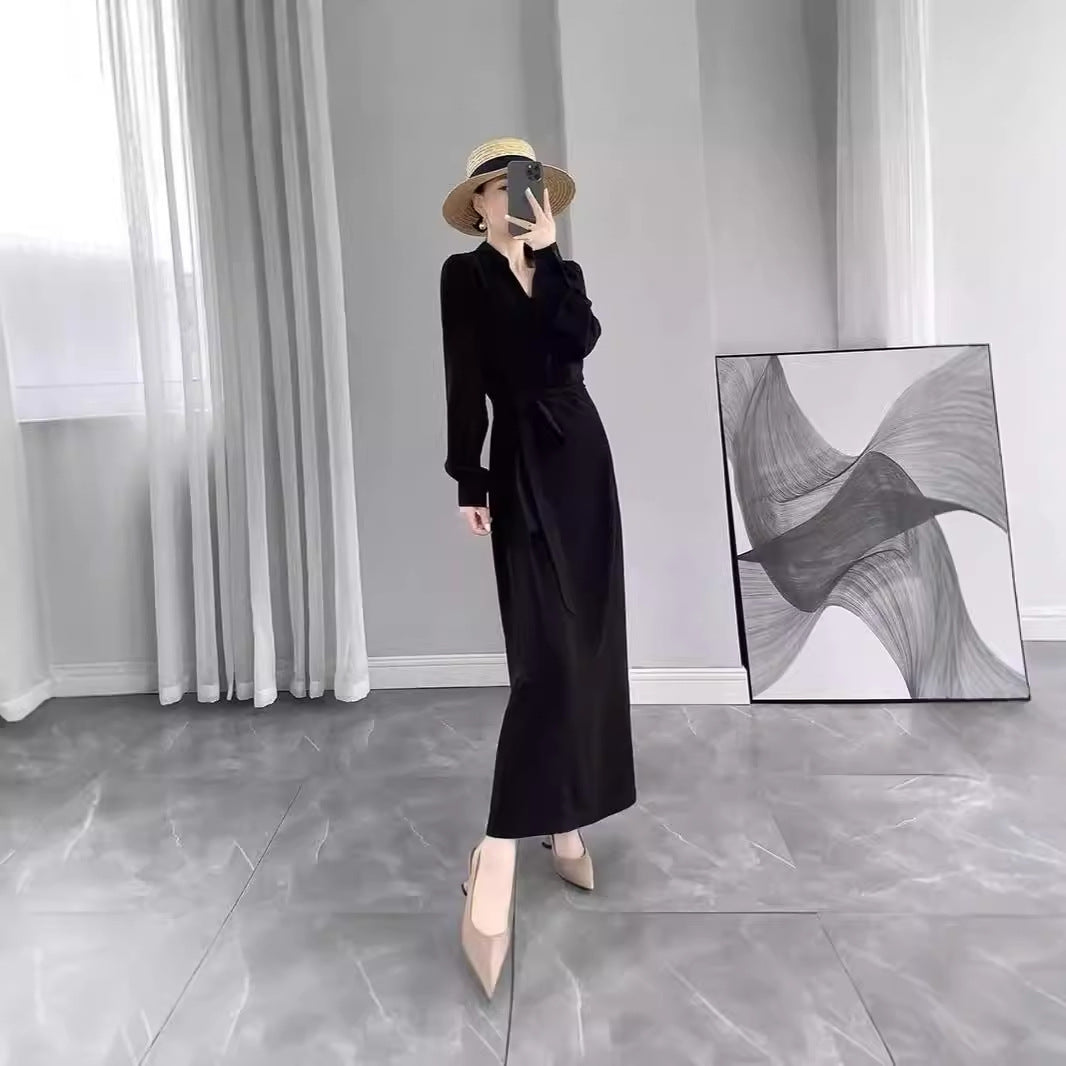Damen Langärmliges Wickel‑Maxikleid mit Taillengürtel und V‑Ausschnitt Shop Nory