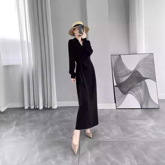 Damen Langärmliges Wickel‑Maxikleid mit Taillengürtel und V‑Ausschnitt Shop Nory