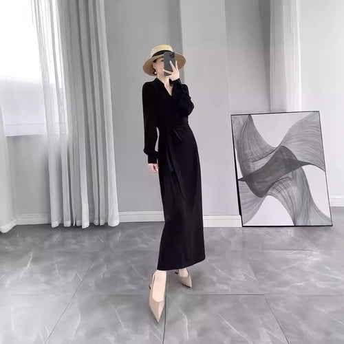 Damen Langärmliges Wickel‑Maxikleid mit Taillengürtel und V‑Ausschnitt Shop Nory