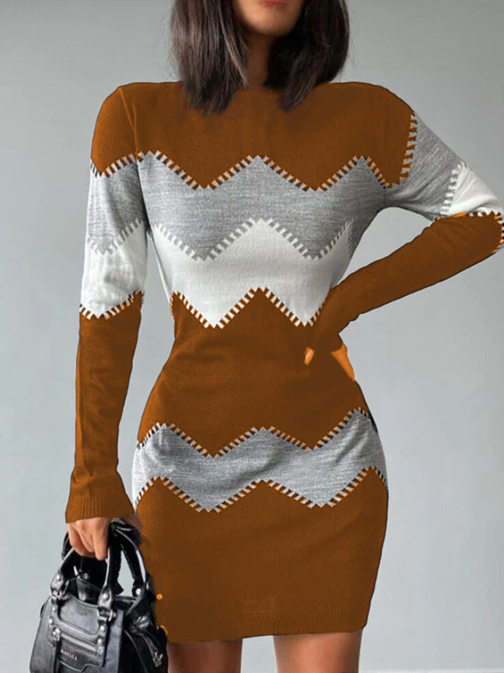 Frauen Figurbetonendes Feinstrick Mini Kleid mit Zickzackstruktur und Rundhalsausschnitt Shop Nory