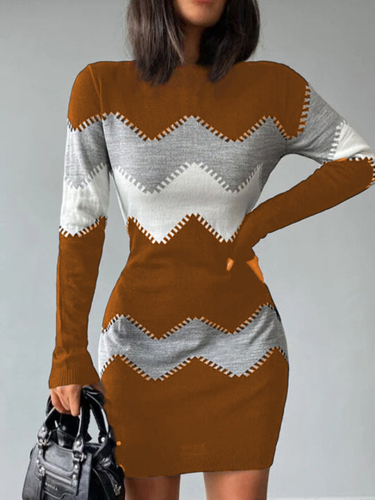 Frauen Figurbetonendes Feinstrick Mini Kleid mit Zickzackstruktur und Rundhalsausschnitt Shop Nory