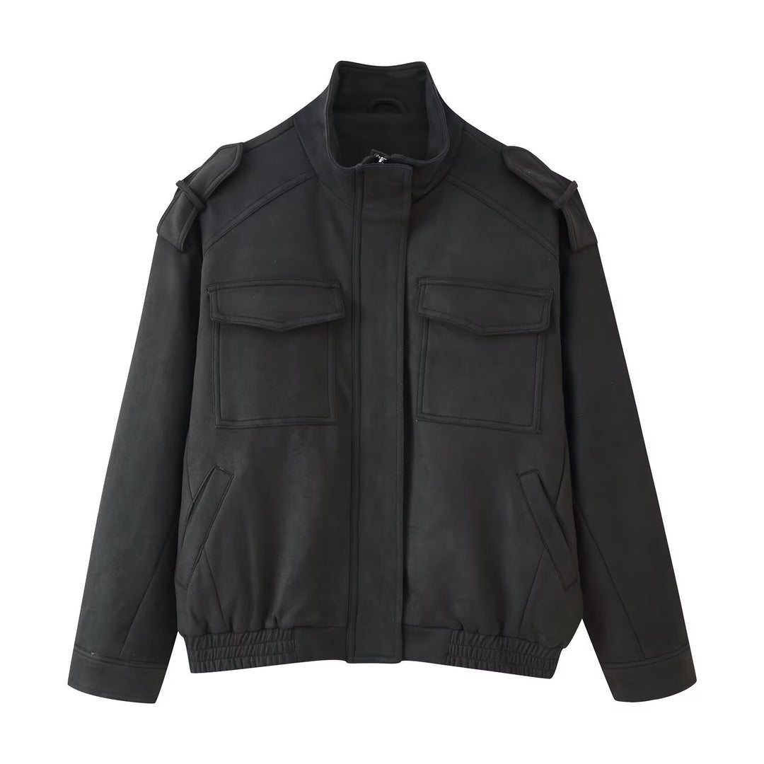 Damen Utility-Bomberjacke mit Schulterklappen, Stehkragen und aufgesetzten Pattentaschen Shop Nory