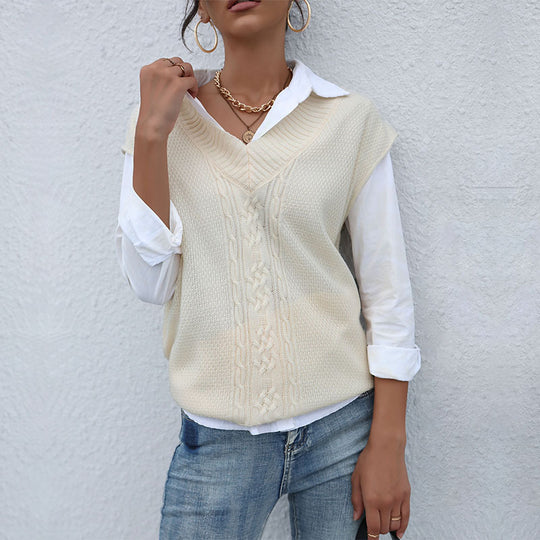 Damen Langer Strickpullunder mit Zopfmuster und V‑Ausschnitt Shop Nory