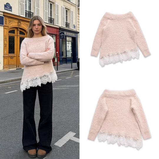 Damen Flauschiger Strickpullover mit Carmenausschnitt und Spitzenbesatz Shop Nory