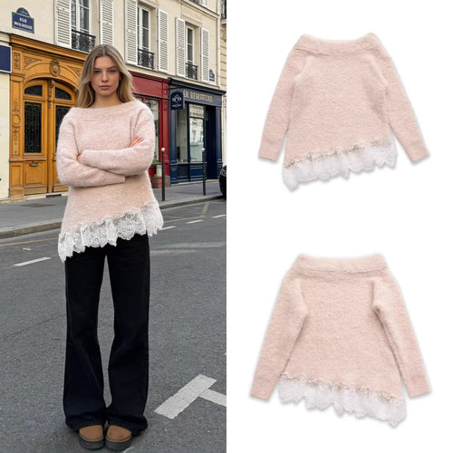 Damen Flauschiger Strickpullover mit Carmenausschnitt und Spitzenbesatz Shop Nory