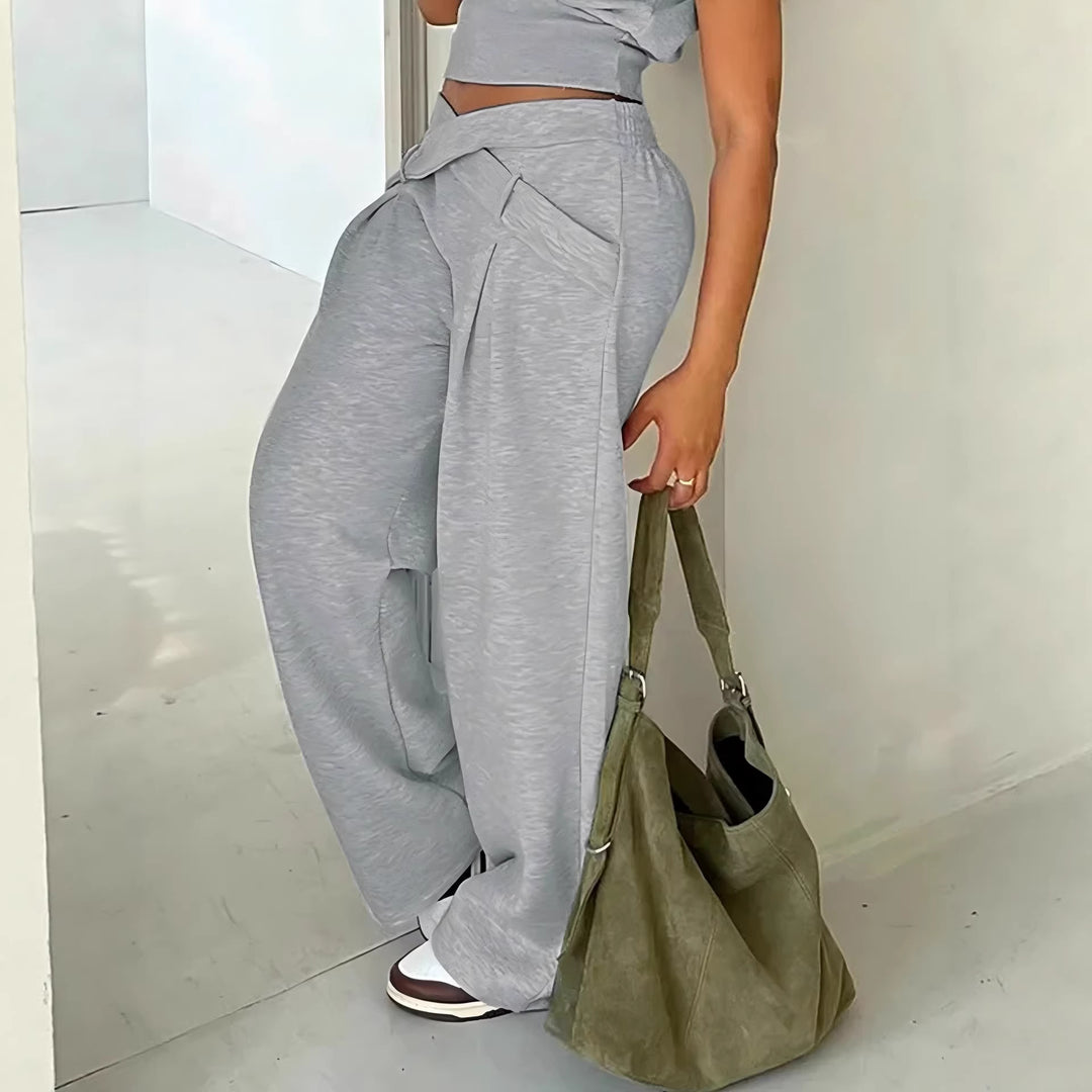 Damen Weite High-Waist-Hose mit Wickelbund, Ziergürtel und Bundschnitt Shop Nory