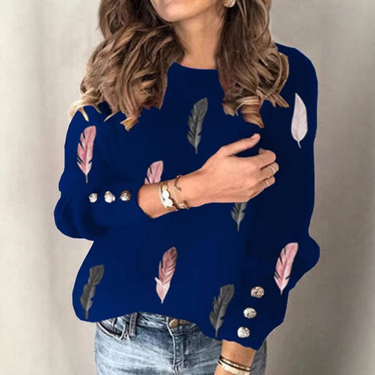Damen Feinstrickpullover mit Federmotiv, Rundhalsausschnitt und dekorativer Knopfleiste Shop Nory