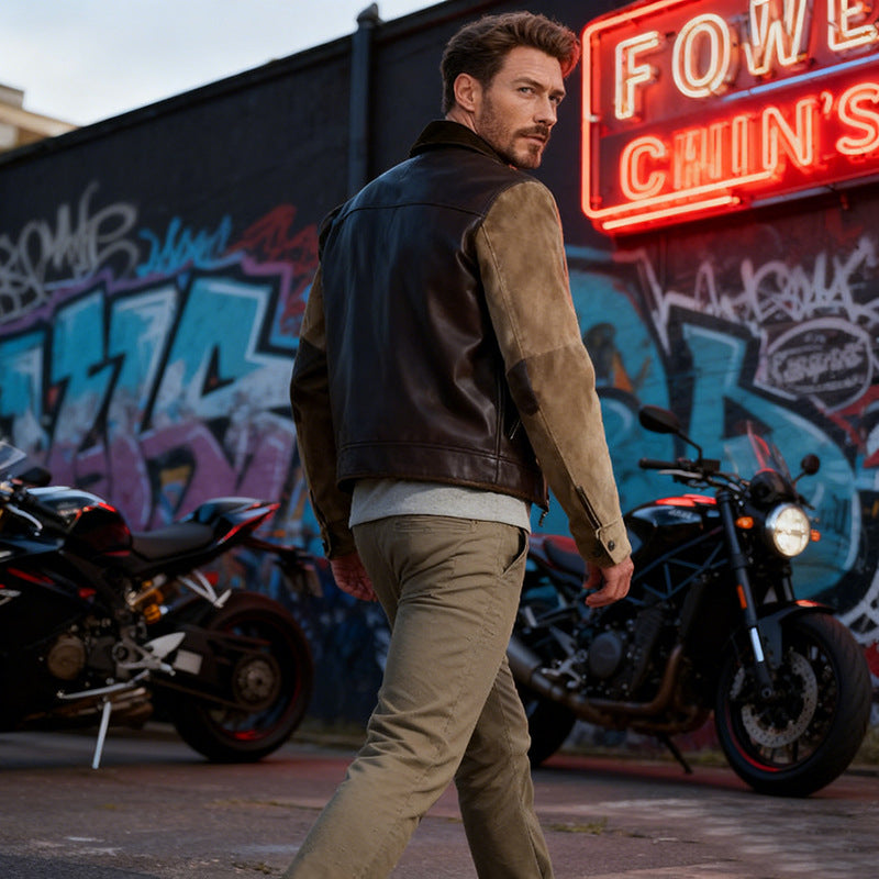 Herren Lederjacke mit Cord-Ärmeln, Hemdkragen und durchgehendem Reißverschluss Shop Nory