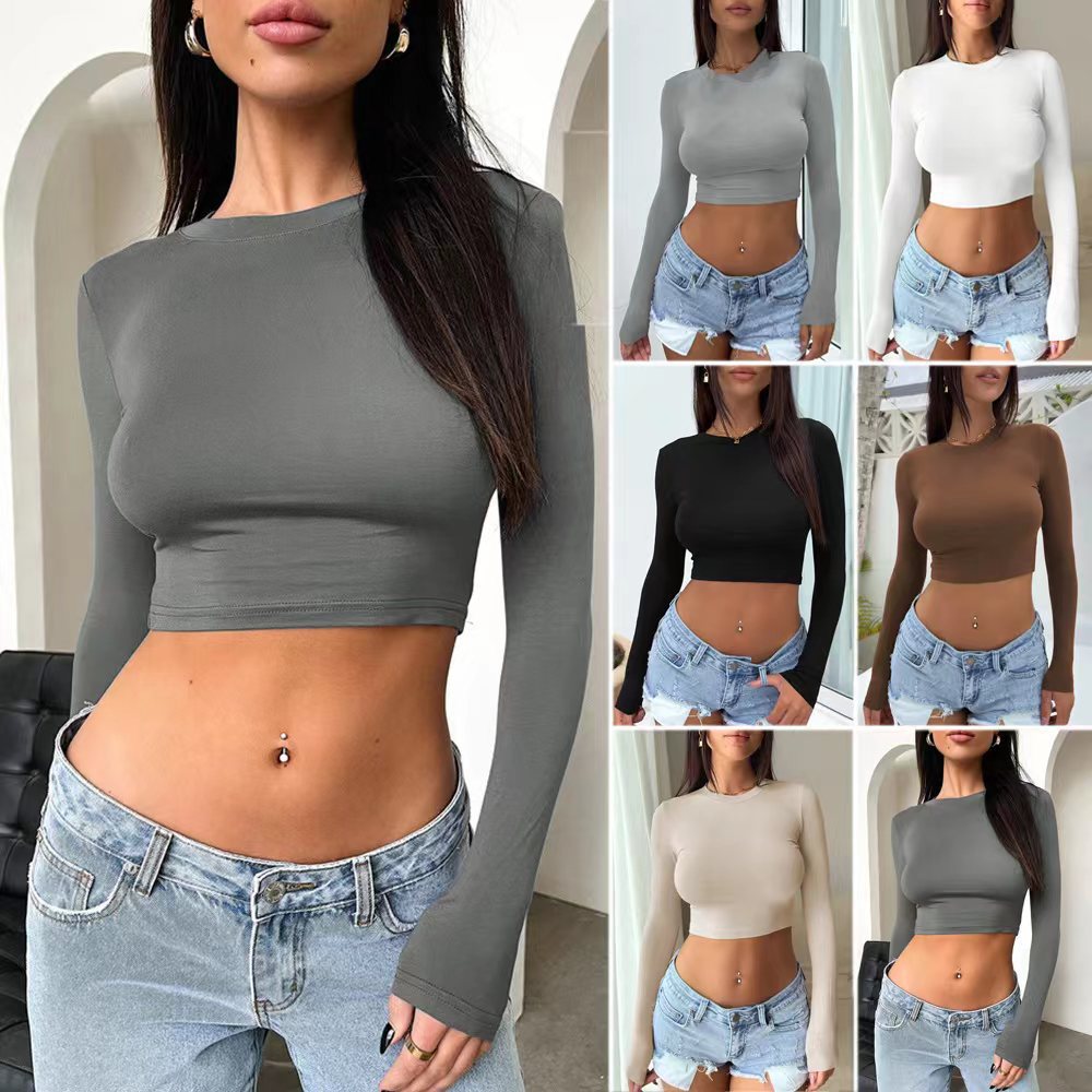 Damen Figurnahes Stretch-Cropped-Langarmshirt mit Rundhalsausschnitt Shop Nory