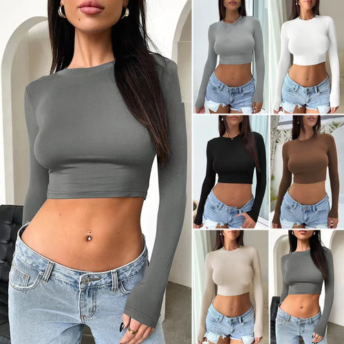 Damen Figurnahes Stretch-Cropped-Langarmshirt mit Rundhalsausschnitt Shop Nory
