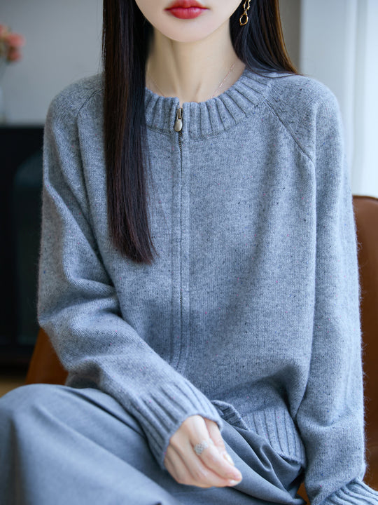 Damen Zip-Strickjacke mit Rundhalsausschnitt, feinem Nep‑Garn und gerippten Abschlüssen Shop Nory