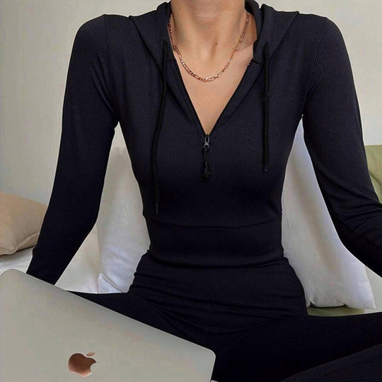 Damen geripptes Lounge-Set mit halbem Reißverschluss und hoher Taille Shop Nory