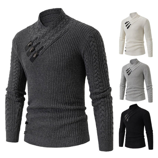 Herren Strukturiertes Zopfmuster-Mockneck-Pullover mit asymmetrischer Riegelverzierung Shop Nory