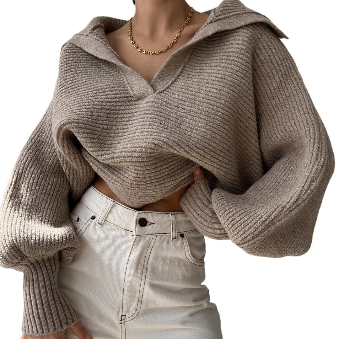 Damen Grobstrick Cropped-Pullover mit weitem Matrosenkragen und Oversize-Ärmeln Shop Nory