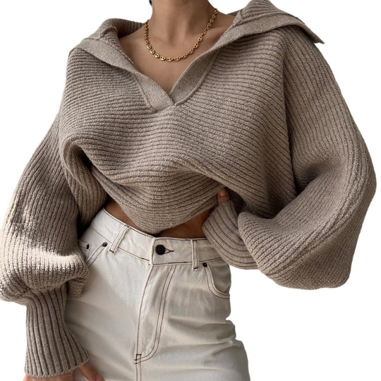 Damen Grobstrick Cropped-Pullover mit weitem Matrosenkragen und Oversize-Ärmeln Shop Nory