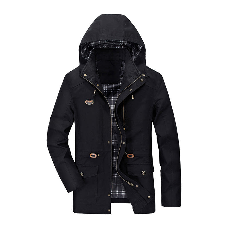 Herren mittellanger Parka mit Kapuze, kariertem Innenfutter und Taillenkordel Shop Nory