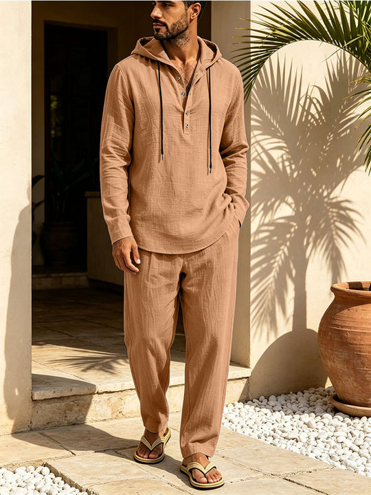 Herren Lässiges Leinen-Look Freizeit-Set mit Kapuzenhemd und weiten Hosen Shop Nory