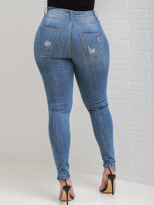 Damen Hochtaillierte Sculpting-Skinny-Jeans mit sichtbarer Knopfleiste und dezentem Destroyed-Detail Shop Nory