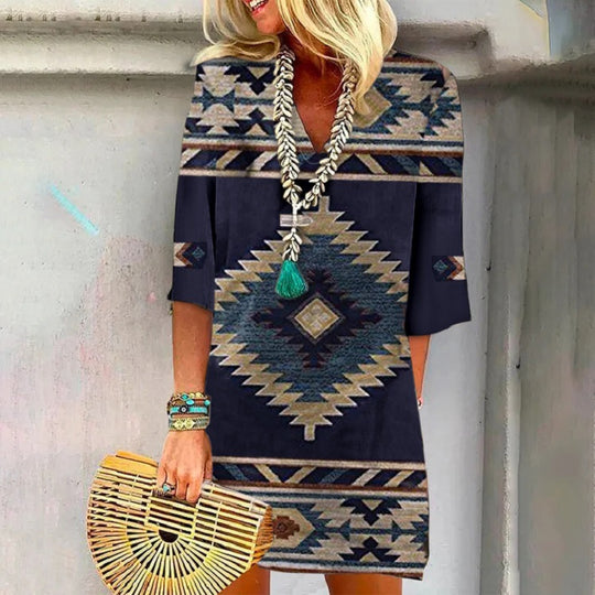 Damen Boho Tunika Kleid mit V-Ausschnitt, 3/4 Ärmeln und geometrischem ethnischem Druck Shop Nory