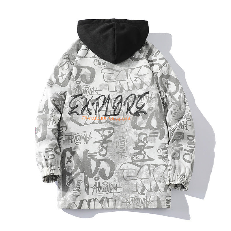 Herren Graffiti-Print Kapuzenparka mit Zip-In Fleece-Innenlayer Shop Nory