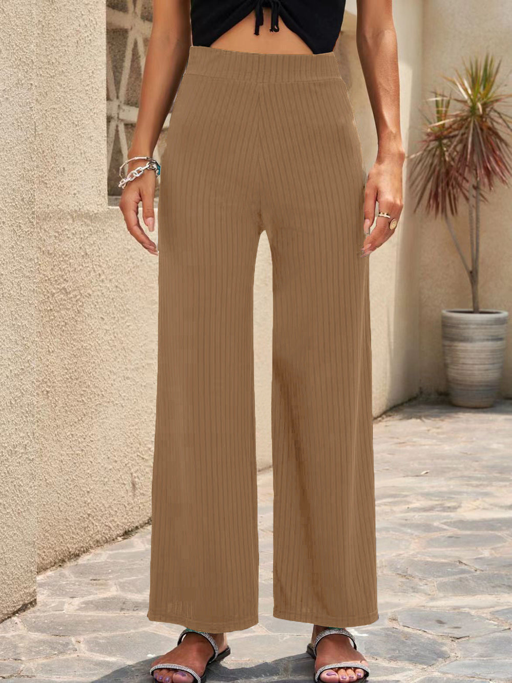 Damen Weite, gestreifte Plisseehose mit hohem Bund und elastischem Taillenbund