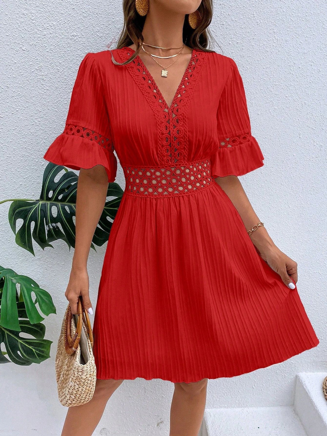 Damen Midikleid mit Plissee, Spitzeneinsatz in der Taille und Volantärmeln Shop Nory