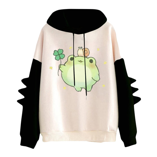 Damen nan Kapuzenpullover mit niedlichem Frosch-Motiv, Kängurutasche und volumigen Ärmelapplikationen Shop Nory
